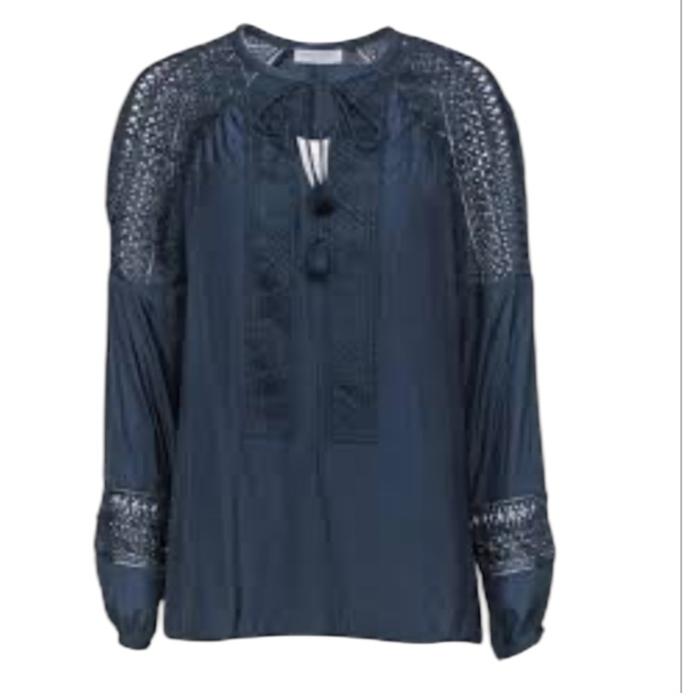 NWOT Army Brook Panel Navy Blue Lace Eyelet Trim Tassels Blouse Size XS|TP